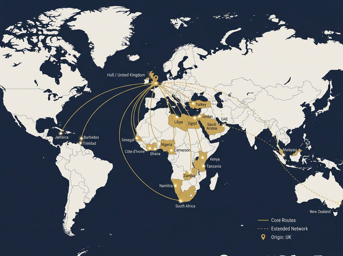 Teks Shipping Global Routes Map - UK to Africa, Caribbean, Middle East and Oceania